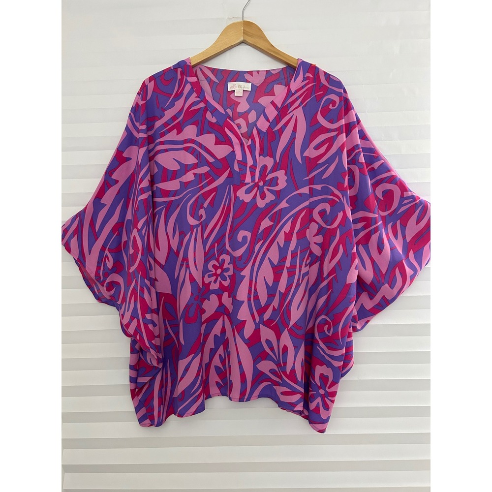 Belle by Kim Gravel Womens 2X Pink Purple Tropical Floral Kaftan Blouse Top Chic